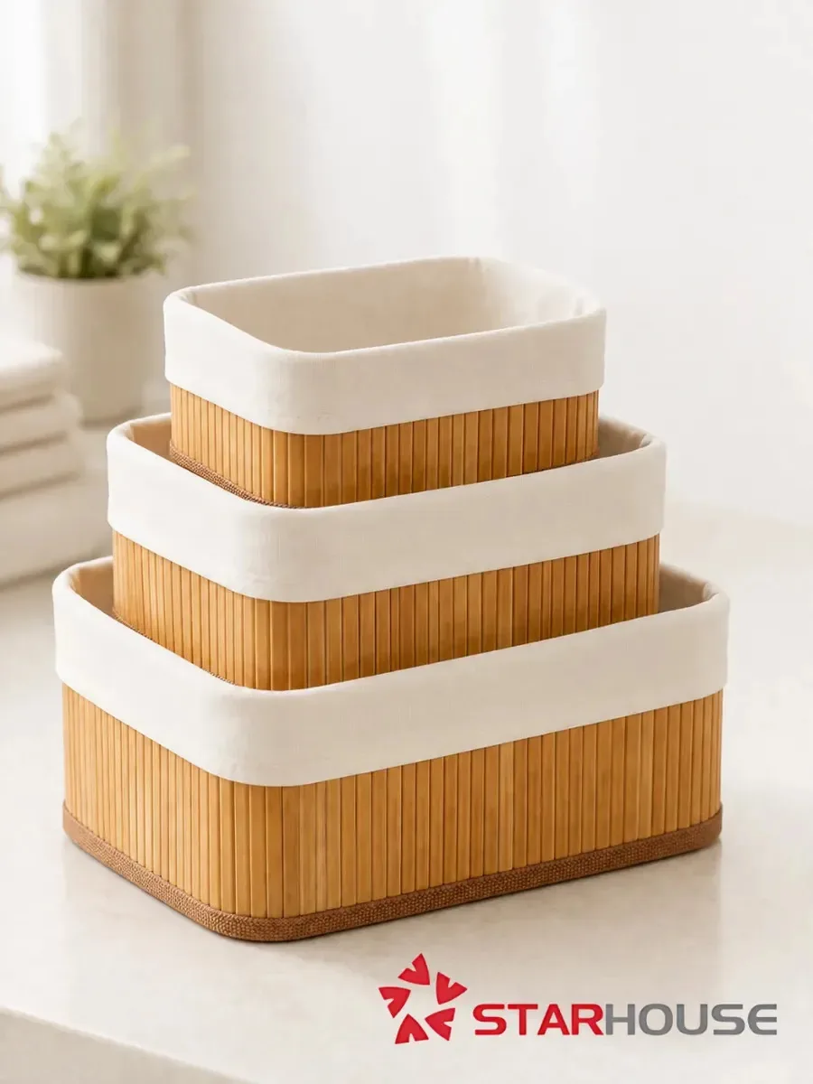 Kit 3 Cestos Bambu Organizador Com Forro Lavável Multiuso Retangular Jogo Vime Retangular - Starhouse