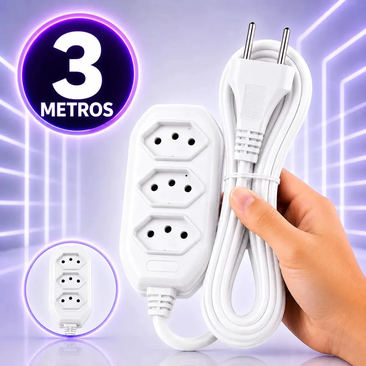 Extensão Elétrica 3 Metros Branca 3 Tomada Tripolar Bivolt 20vinte