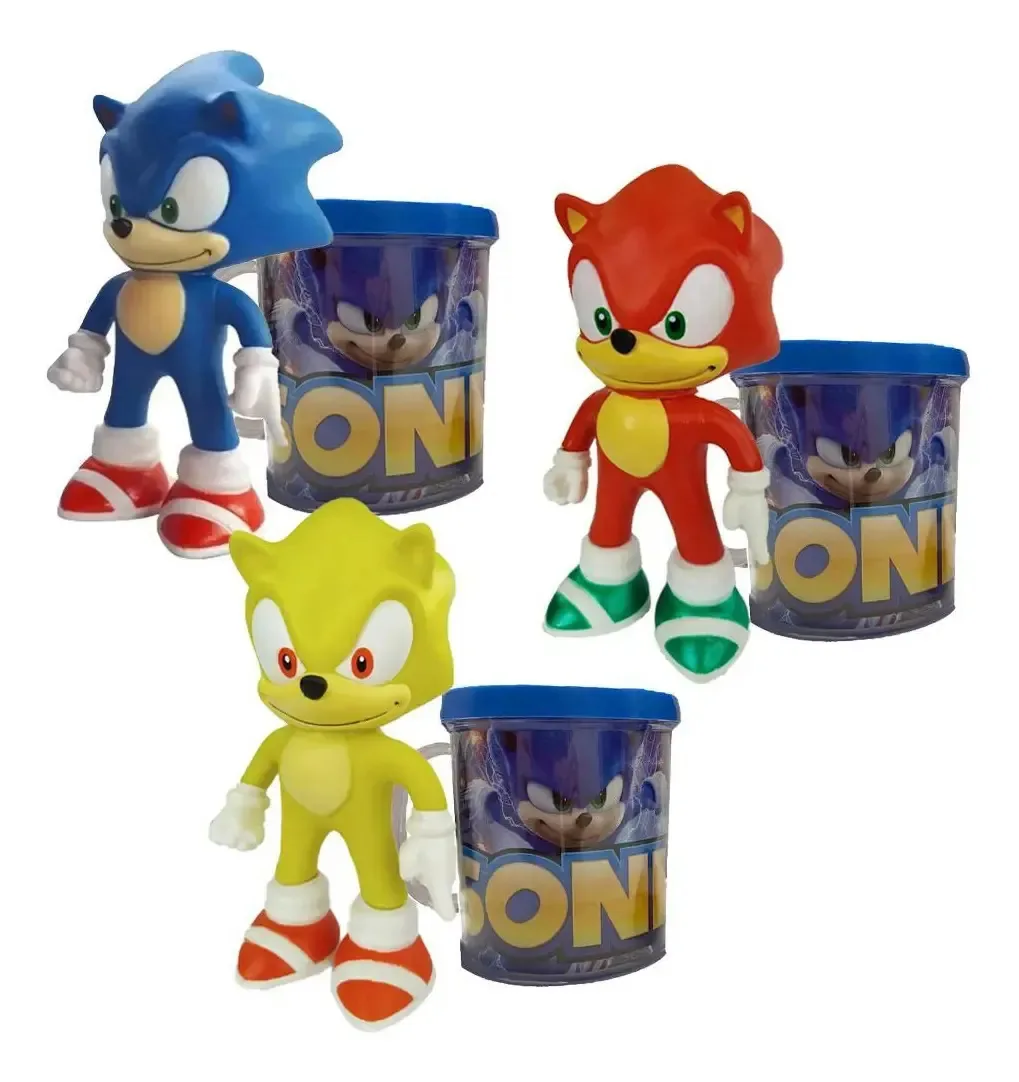 Sonic Azul, Vermelho E Amarelo- Kit Com 3 Bonecos + Canecas