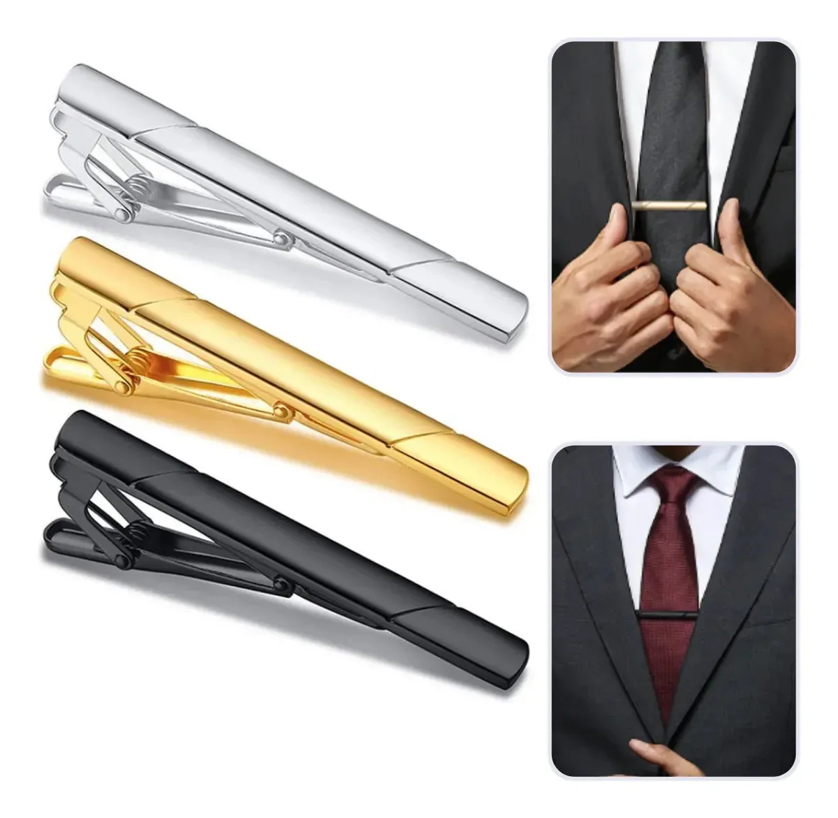 Kit 3 Prendedores de Gravata Dazzeli Slim Moderno com Friso, Preto, Prata e Dourado