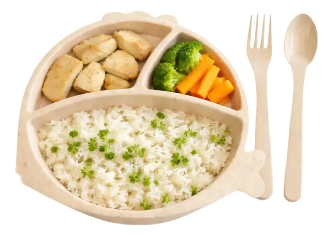 Kit Alimentação Infantil Prato 3 Divisórias E Talheres Fibra Cor Bege
