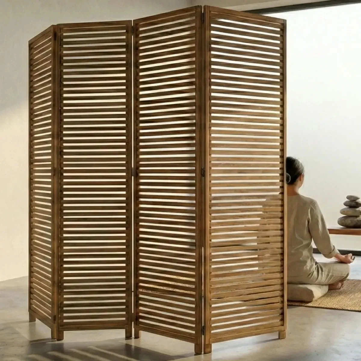 Biombo Japonês 4 Folhas Ripado Madeira Maciça Decorativo Ripado Madeiral