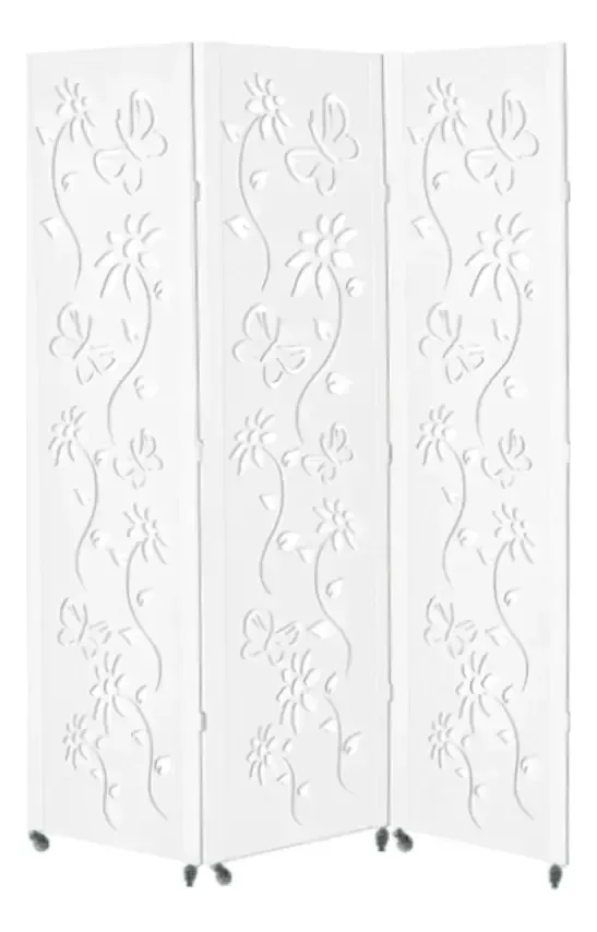 3 Biombo Divisor Ambiente Pintado Branco Preto Rodinha Nc Floral