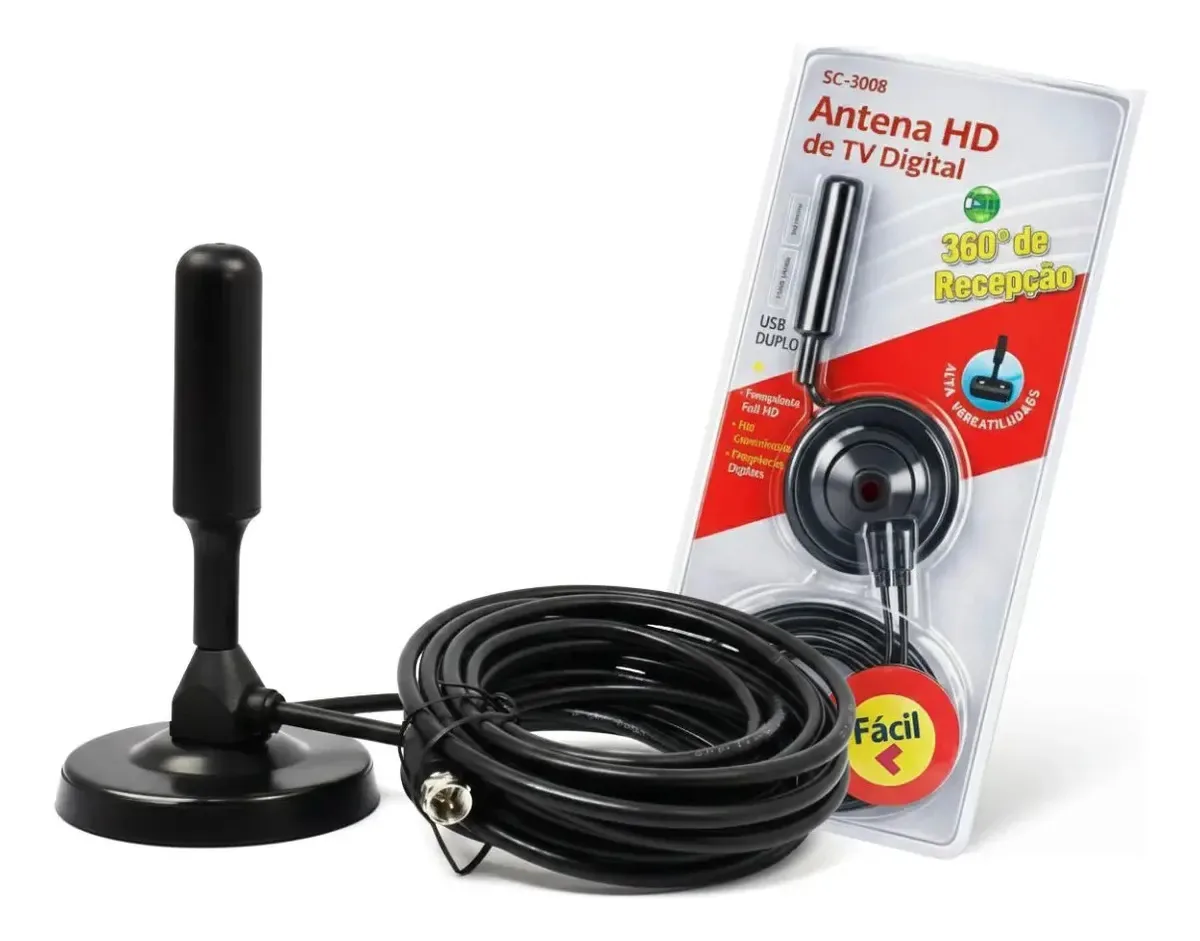 Antena Digital Tv Hd Interna 360° Sinal Forte Cabo 5m Preto