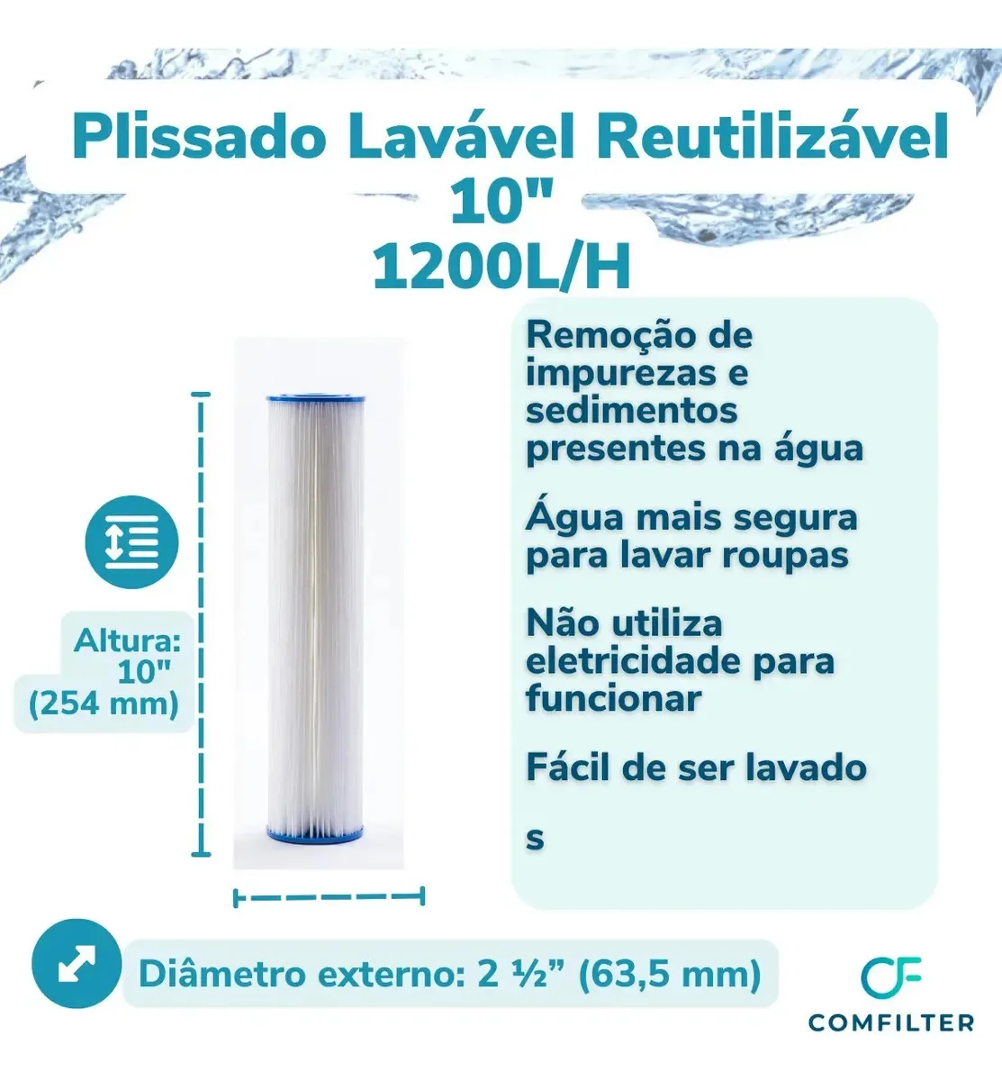 Refil Filtro Agua 10 Plissado Lavável Reutilizável 20micr Cor 20 MICRA