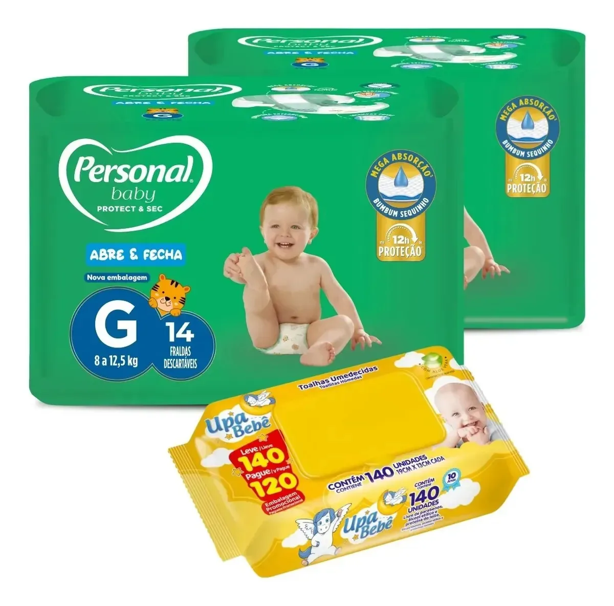 Kit 2 Fraldas Personal Baby + Lencinhos Umedecidos Upa Bebê G - 8 Até 12,5 Kg