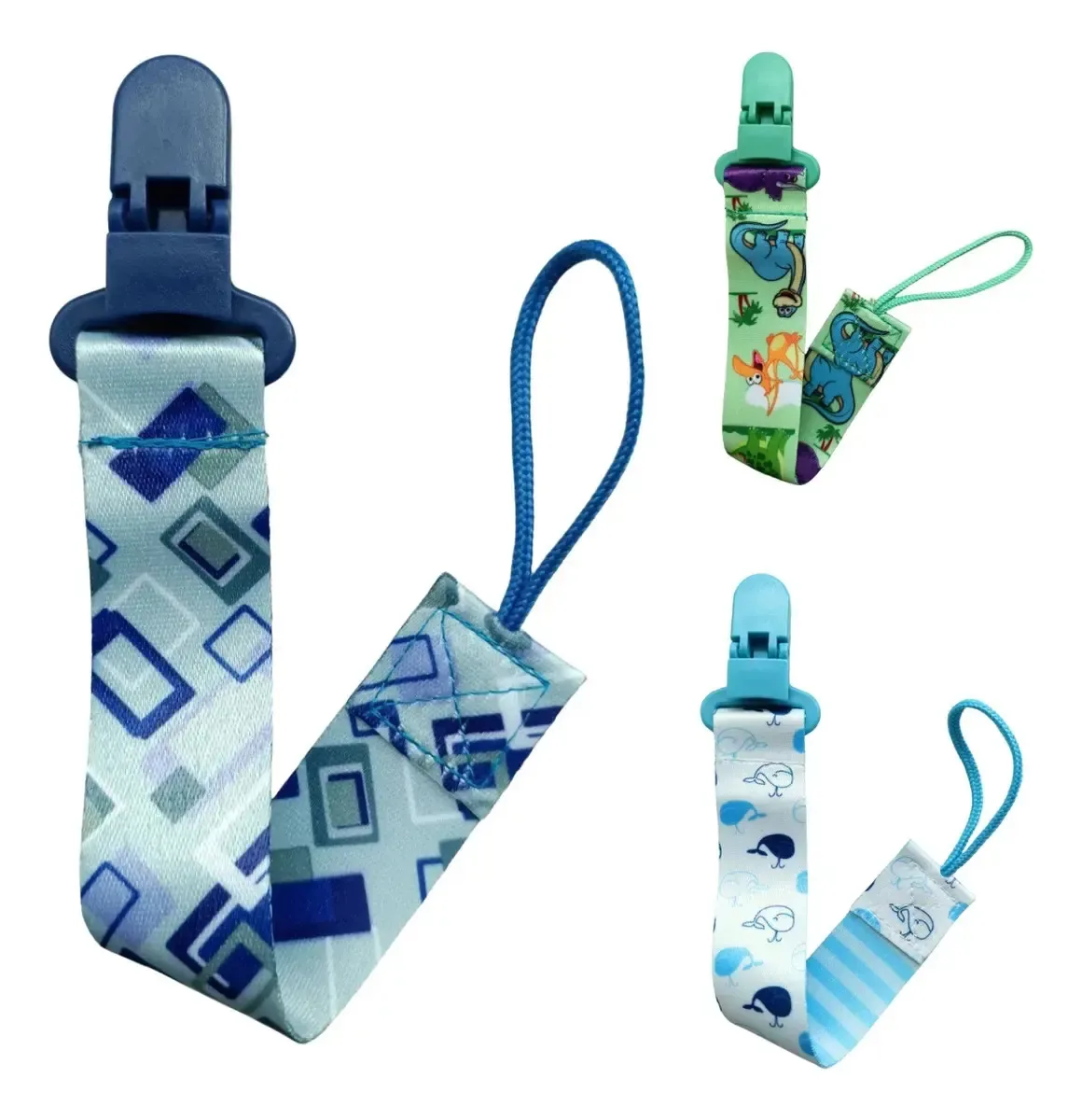 Kit 3 Prendedores De Chupeta Menino Menina Coloridos Animado Cor Retângulos Dinossauros Baleias