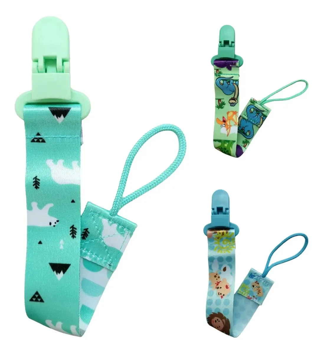 Kit 3 Prendedores De Chupeta Menino Menina Coloridos Animado Cor Ursos Polares Dinossauros Leões Gatinhos