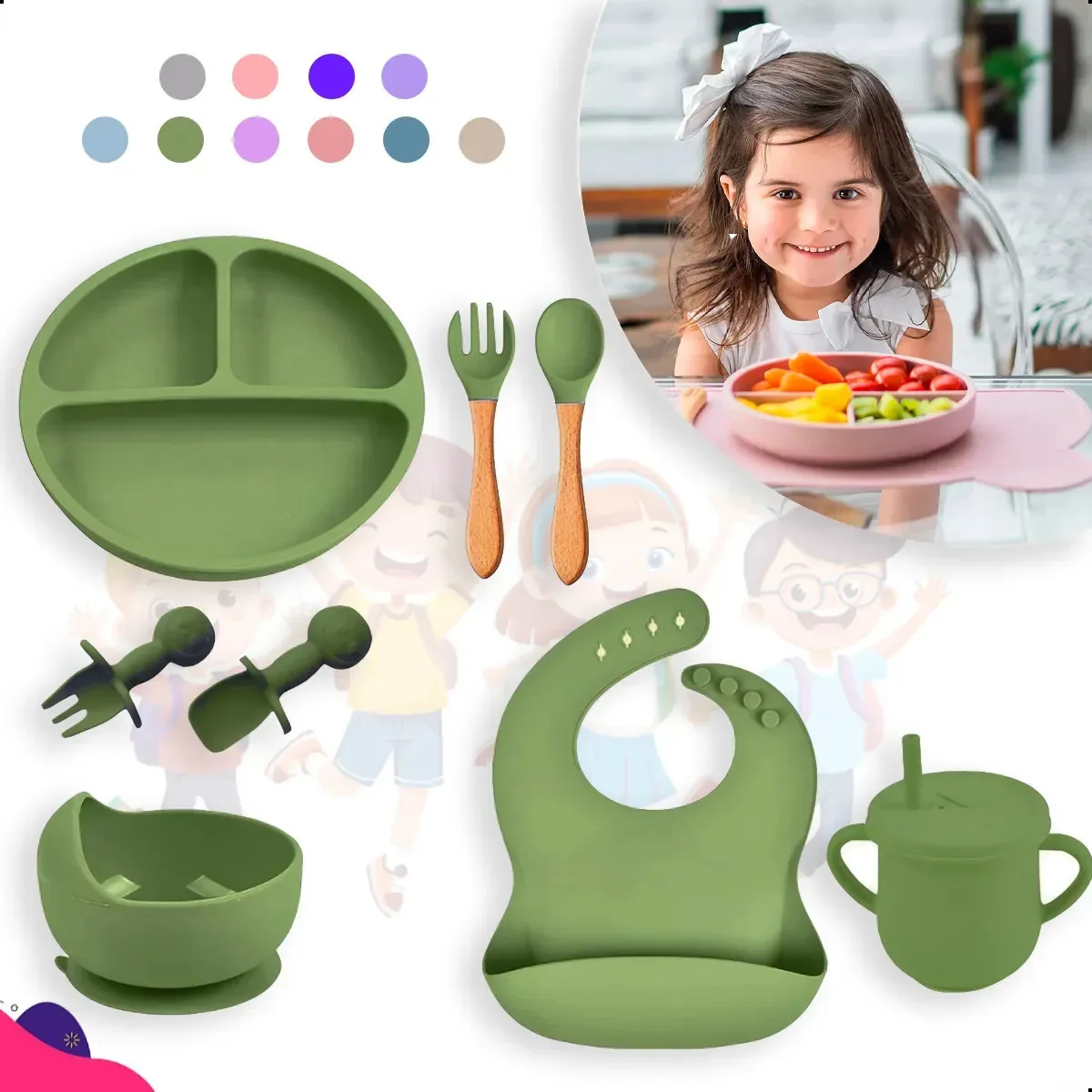 Kit Alimentação Bebê Introdução Alimentar Silicone Infantil - Verde