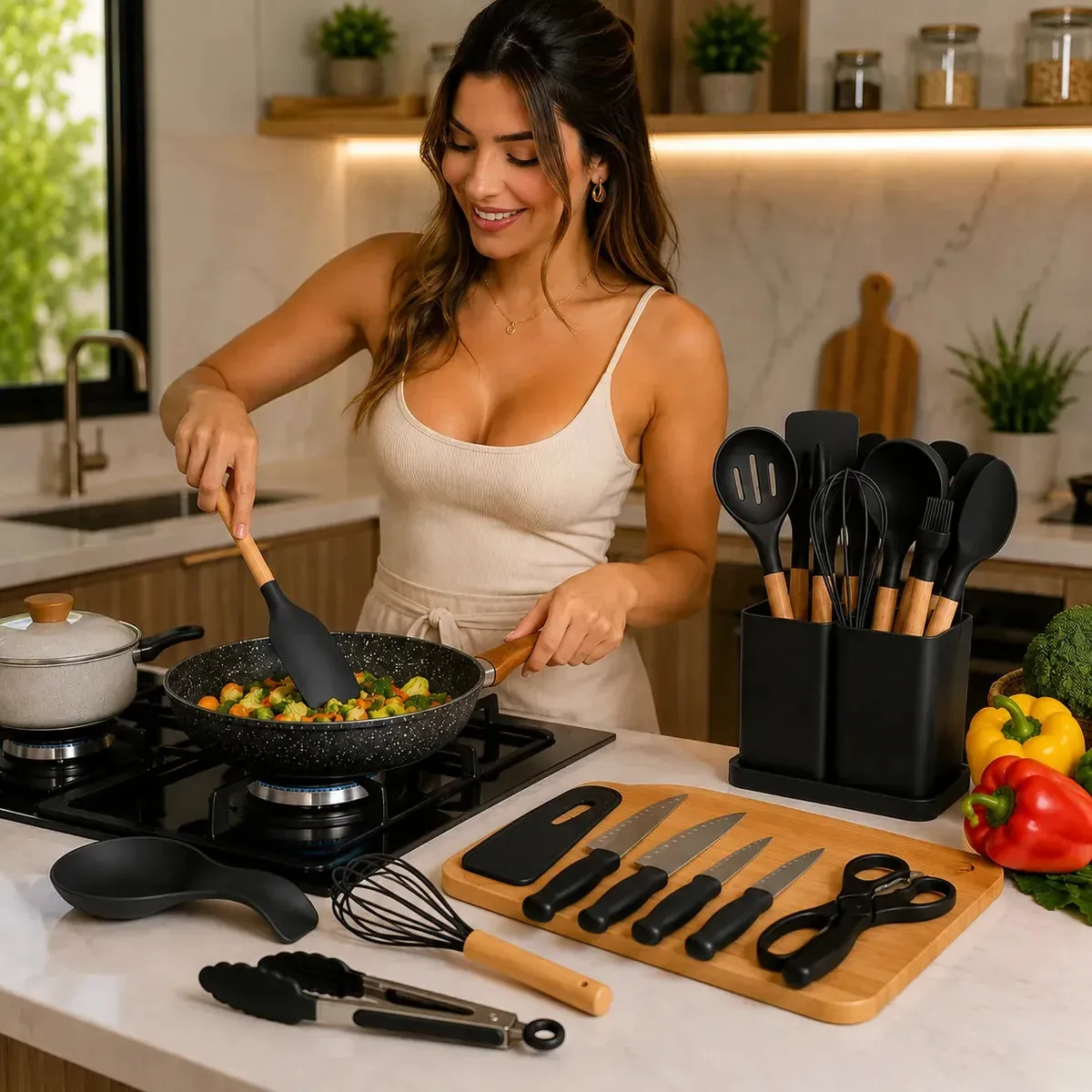 Kit 19 Peças Utensílios de Cozinha Silicone Conjunto Facas Aço Inox Tábua Escumadeira Espátulas Tesoura Pegador e Organizador C/ De Madeira