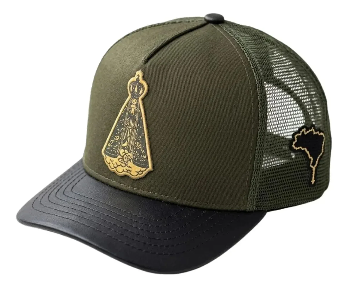 Boné Country Trucker Nossa Senhora Aparecida Agro Aba Preto Verde Un Padroeira Do Brasil