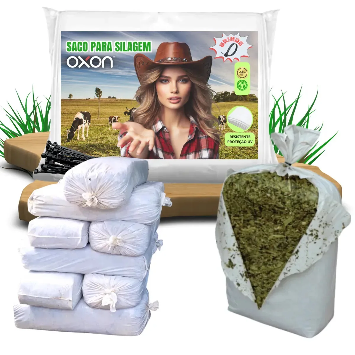 100 Sacos Para Silagem Oxon Branco 51x110 + 100 Abraçadeiras Saco Para Silo - Resistente E Reforçado
