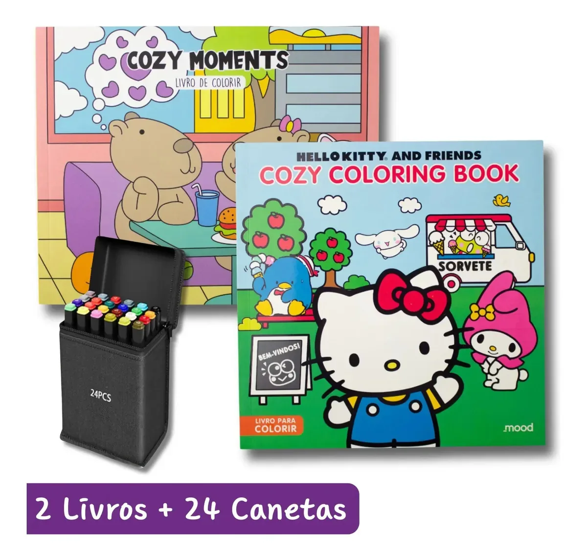 Kit Dois Livros De Colorir Cozy E Hello + 24 Canetas Touch