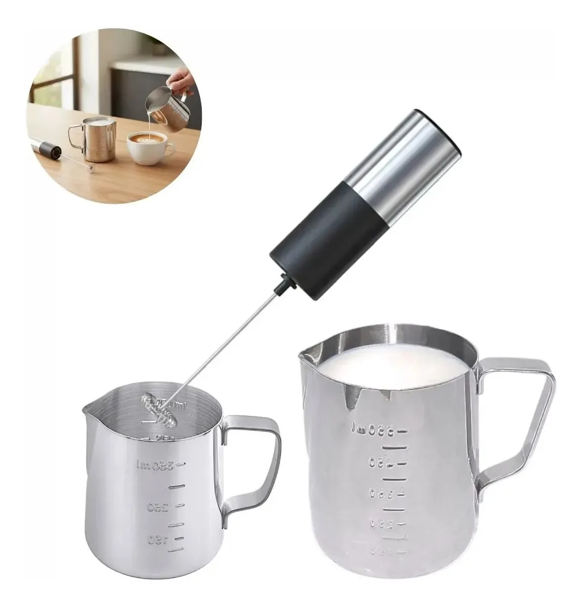 Kit Jarras Baristas Inox 350ml E 600ml + Mini Mixer A Pilha Prateado