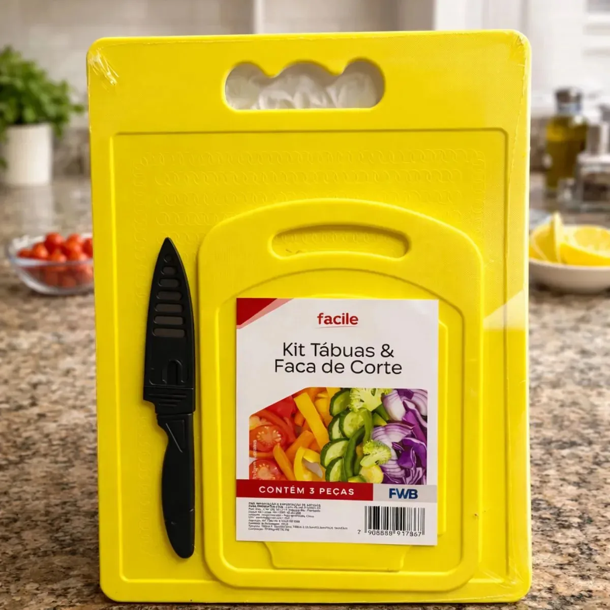 Kit 3 Peças 2 Tábuas + 1 Faca De Corte Cozinha Amarelo