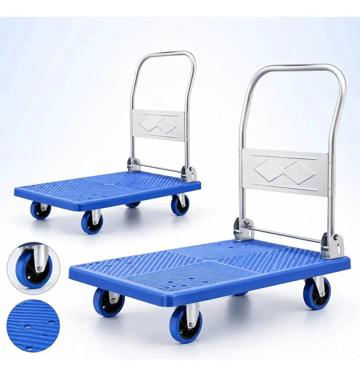 Kit 2 Carrinhos Plataforma De Carga Reforçado Suporta 300kg Azul