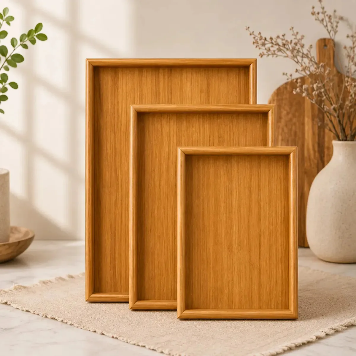 Kit 3 Bandejas Para Cozinha Servir Decorar Conjunto Luxo Marrom-claro