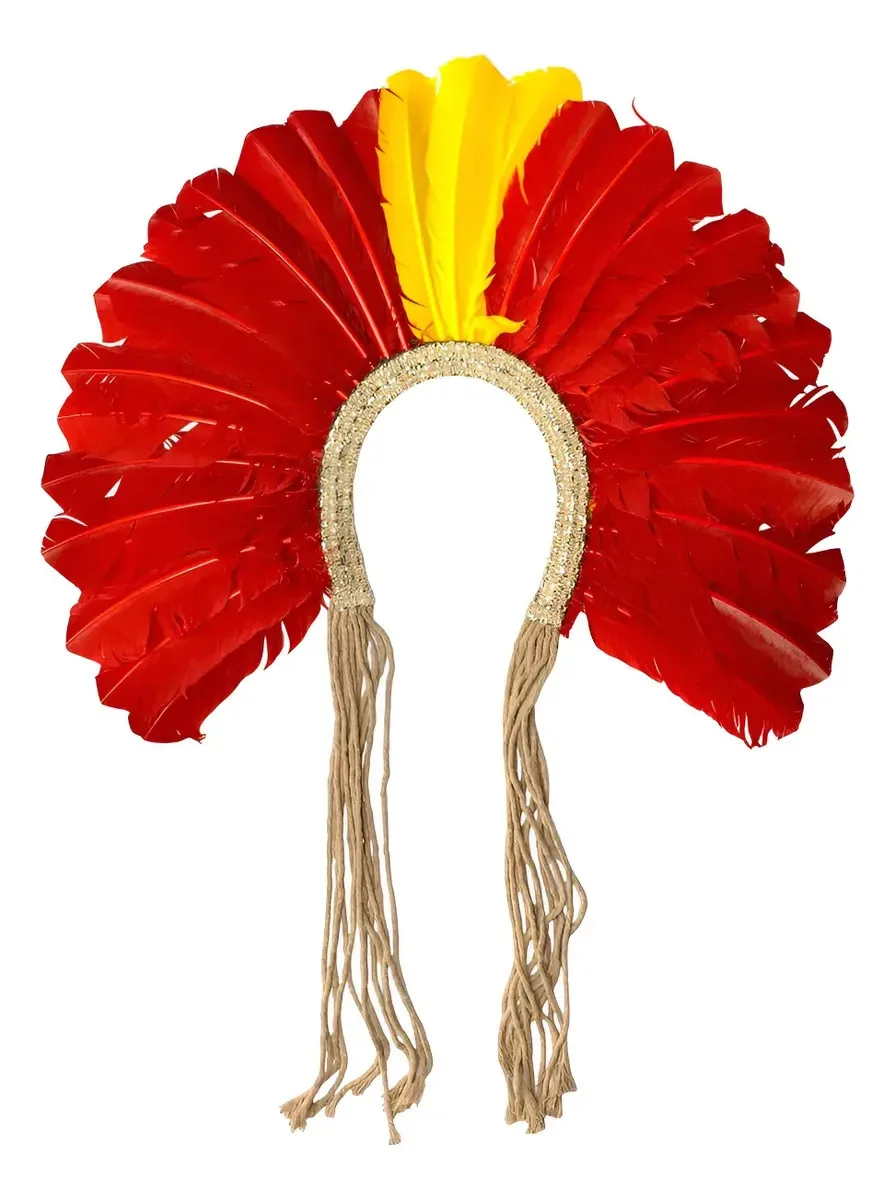 Cocar Indígena Penas Coloridas Cor Vermelho / Canário