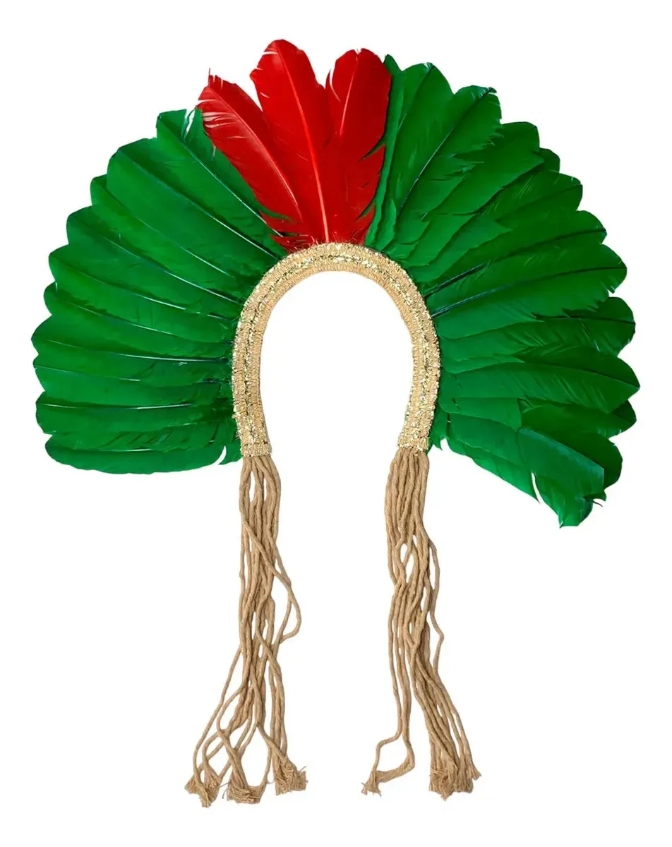 Cocar Indígena Penas Coloridas Cor Bandeira / Vermelho