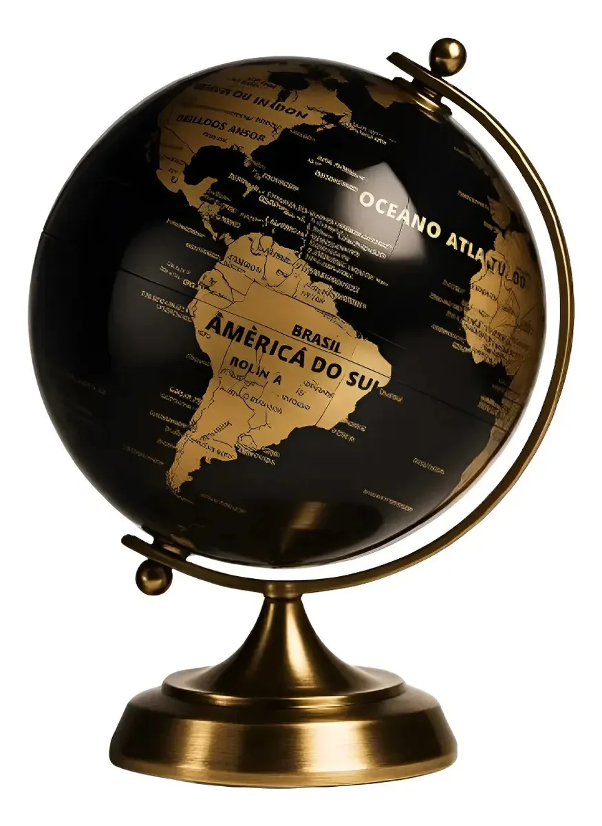 Globo Terrestre Mapa Mundi Black Luxo Acabamento Metal Ouro Preto