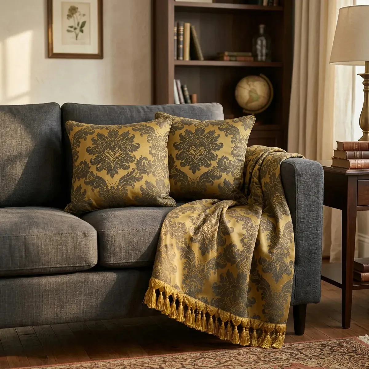 Kit Manta Sofá Gigante Jacquard Medalhão Dourado + 4 Capas Dourado-escuro Medalhão
