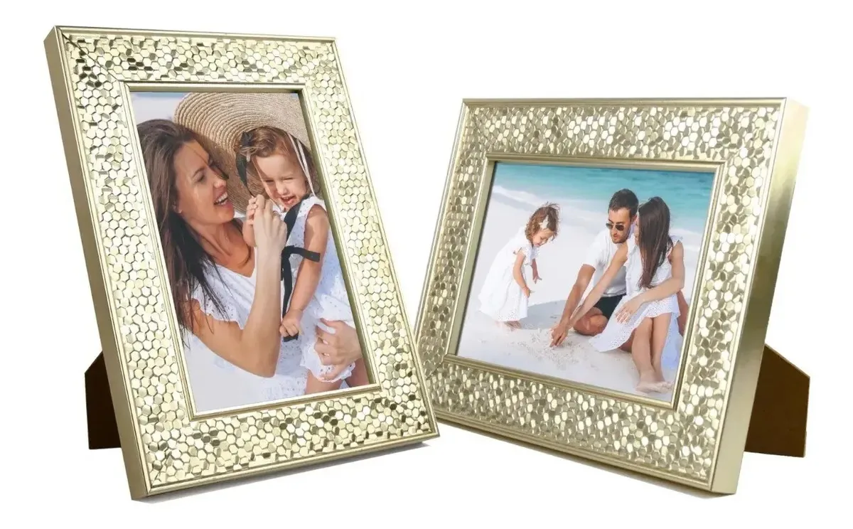 Kit 2 Porta Retratos 10x15 Modernos Efeito Colmeia Dourado Dourado