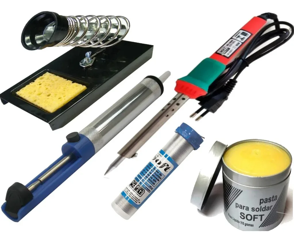 Kit Solda Ferro + Suporte + Sugador + Solda Fio + Pasta