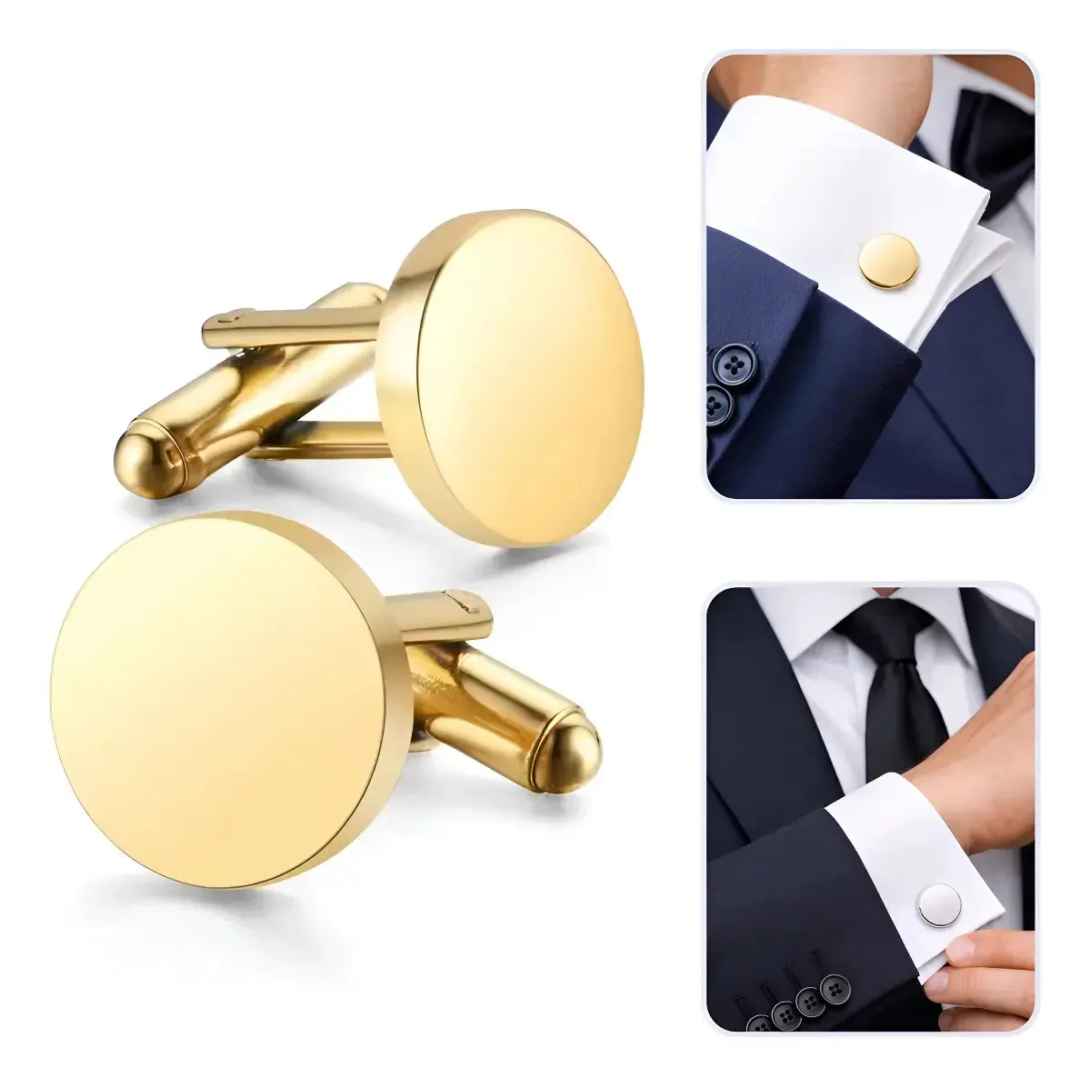 Par De Abotoaduras Redonda Punho De Camisa Aço Inoxidável Cor Dourado