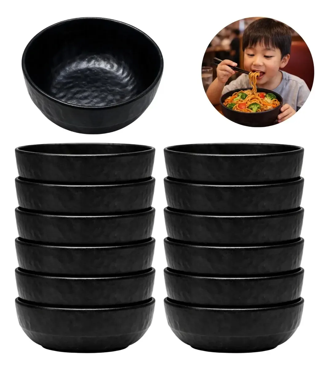 12 Tigelas Bowl Melamina Preto Restaurante Oriental 300ml