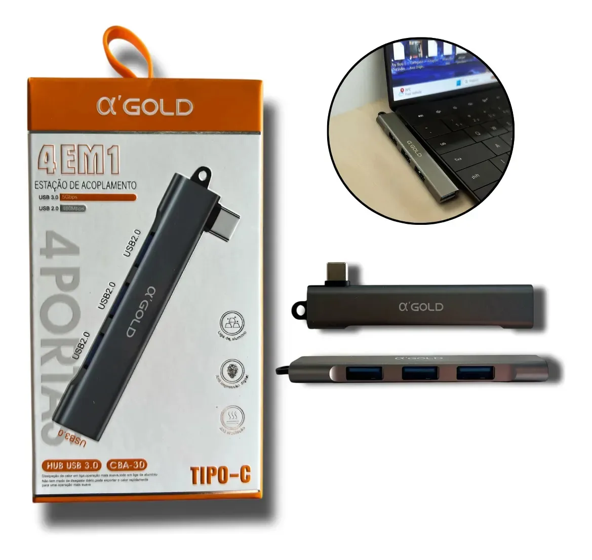 Hub Adaptador Usb C A'gold Com 4 Portas Usb 3.0 Universal