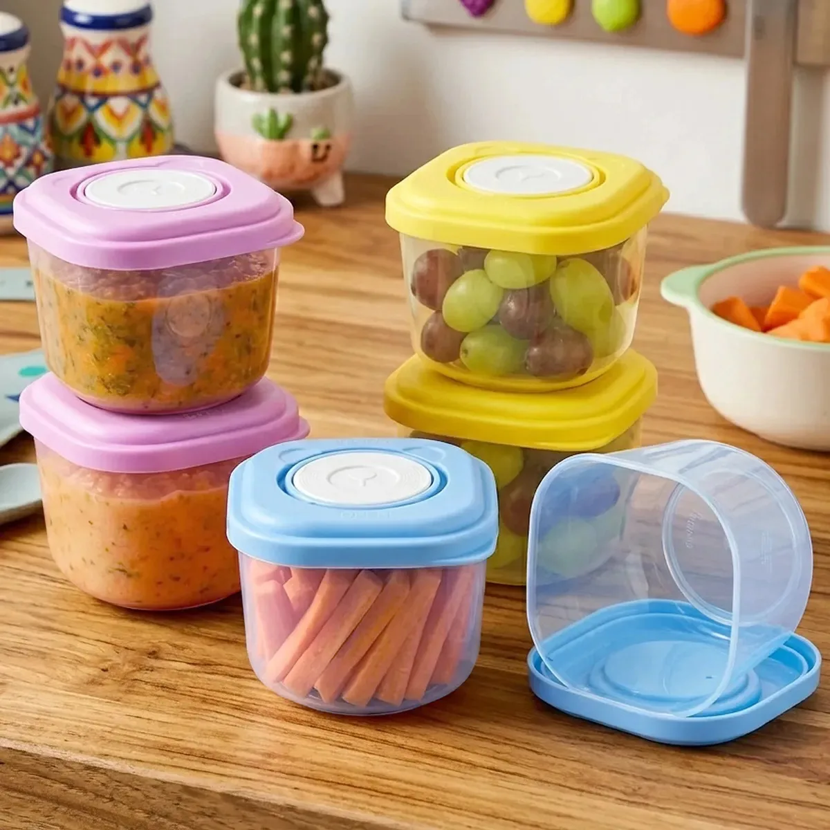 Kit 6 Mini Potes Papinha Porta Leite Em Pó Frutas Suplemento Colorido