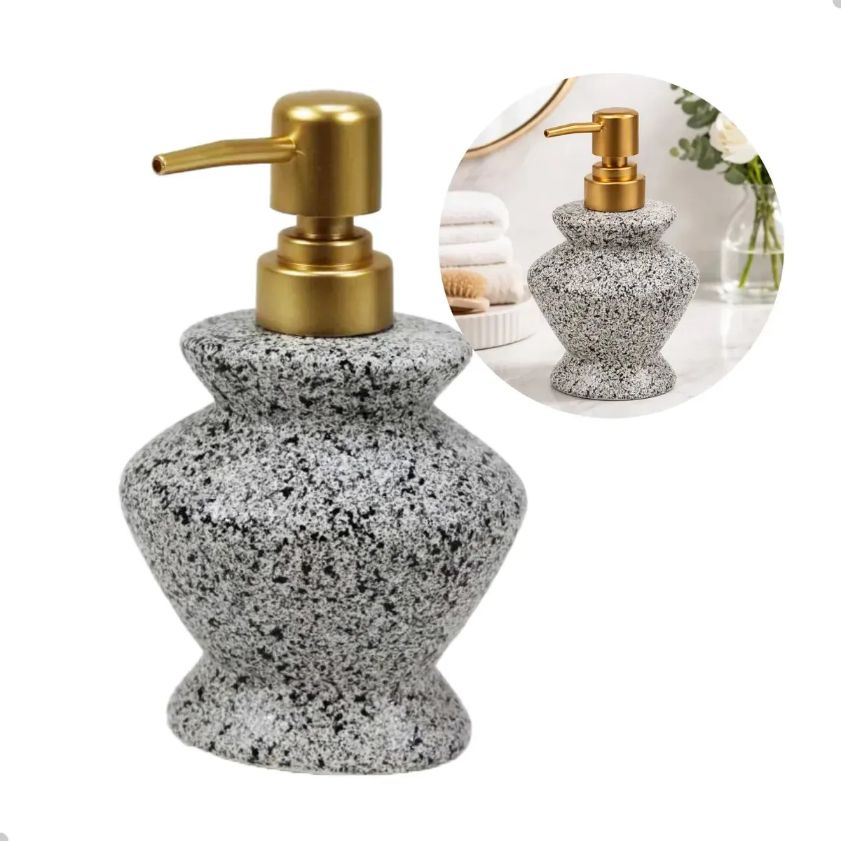 Dispenser Porta Sabonete Líquido Porcelana Cinza Dourado 7294