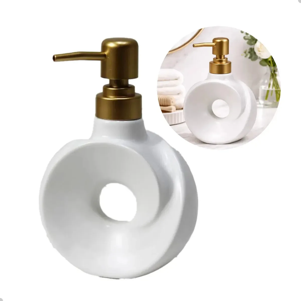 Dispenser Porta Sabonete Líquido Porcelana Branco Dourado 7300