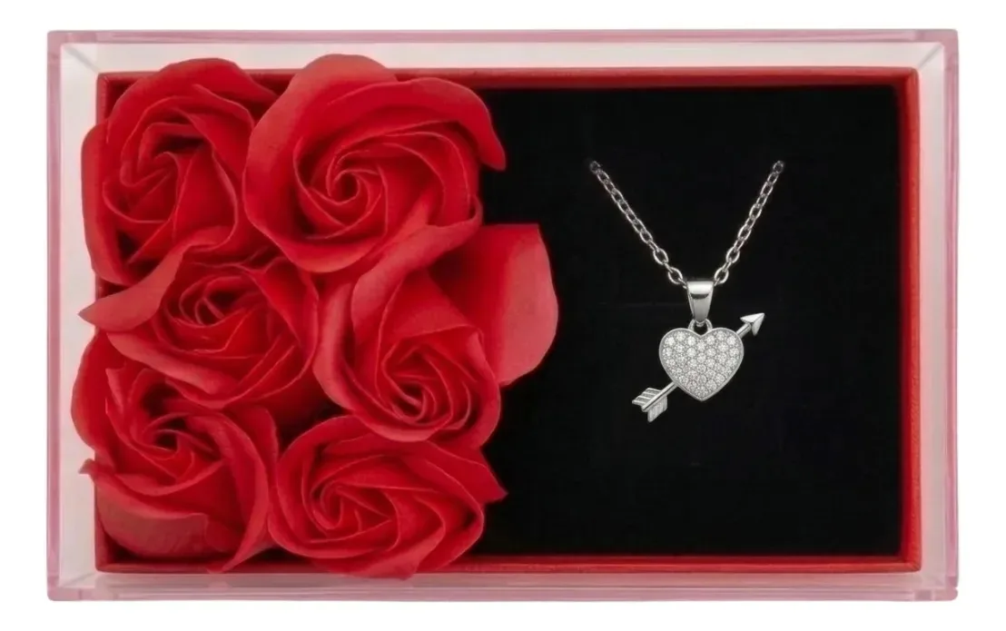 Caixa Decorativa Acrilica Presente Com Rosas E Colar Vermelho E