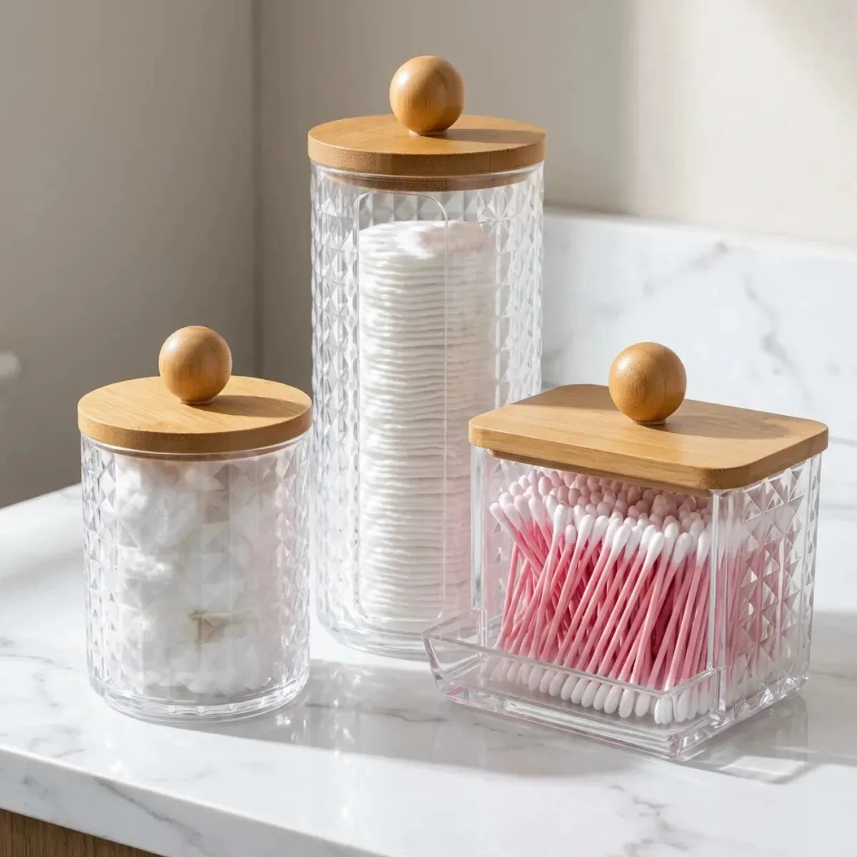 Kit 3 Organizador Porta Algodão Cotonetes Acrilico E Bambu Transparente Diamante