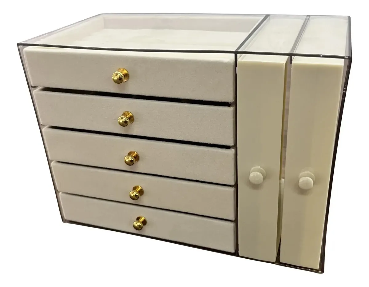 Porta Joias Organizador Aveludado Com 7 Gavetas Luxury Bege