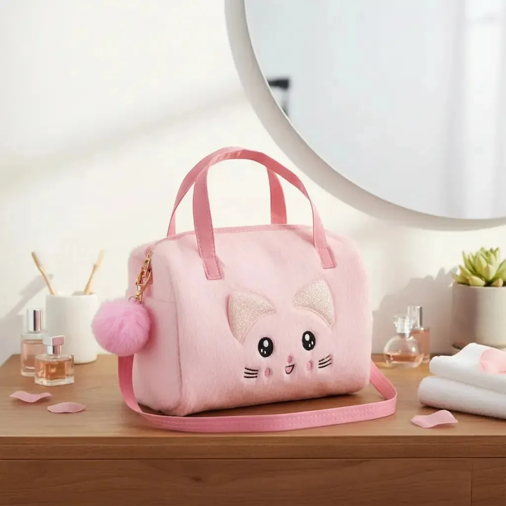 Nécessaire Gatinha de Pelúcia Rosa com Alças para Viagem e Passeio