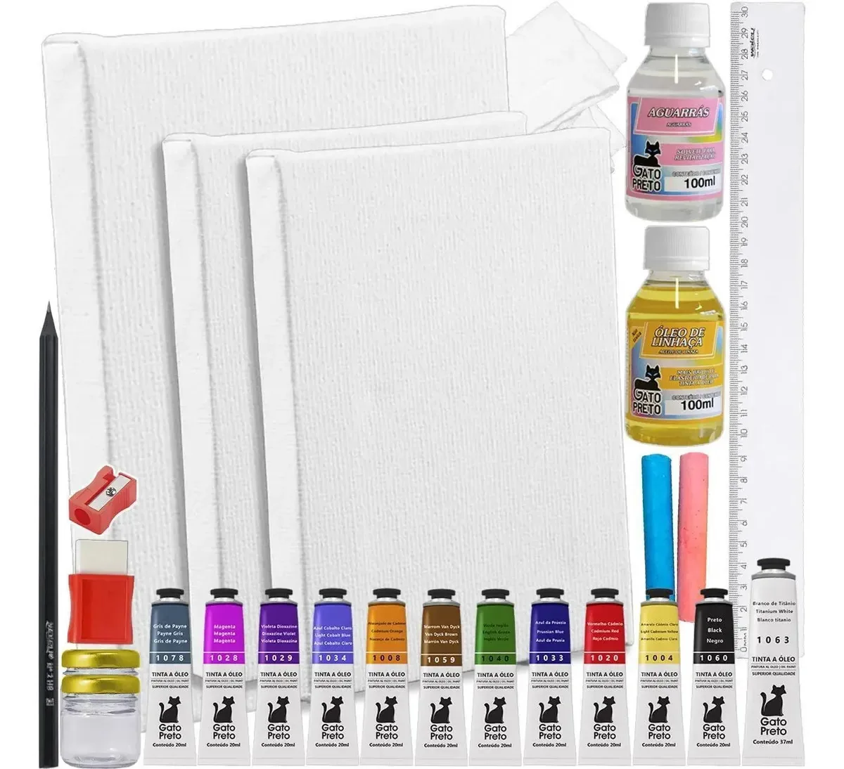 Mini Kit Pintura Óleo Refil + 3 Telas + 12 Tintas
