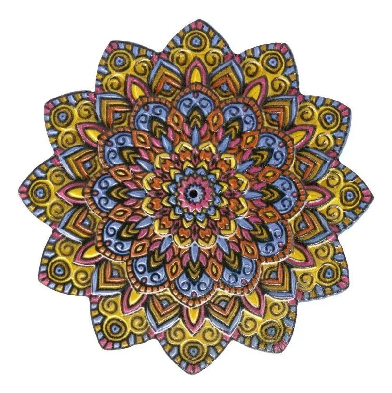 Mandala Em Resina Para Decoração Amarela Rosa E Azul 7x7cm