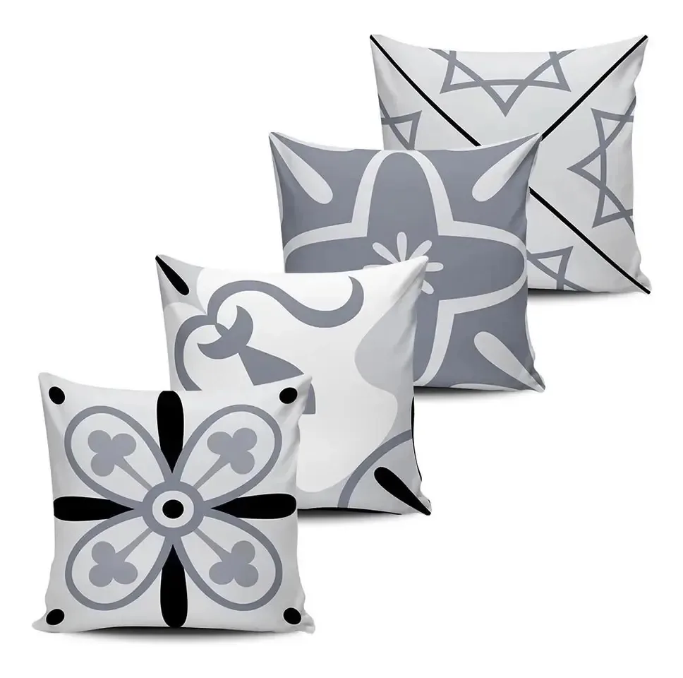 Kit 4 Almofadas Decorativa Azulejos Cinza 45x45cm