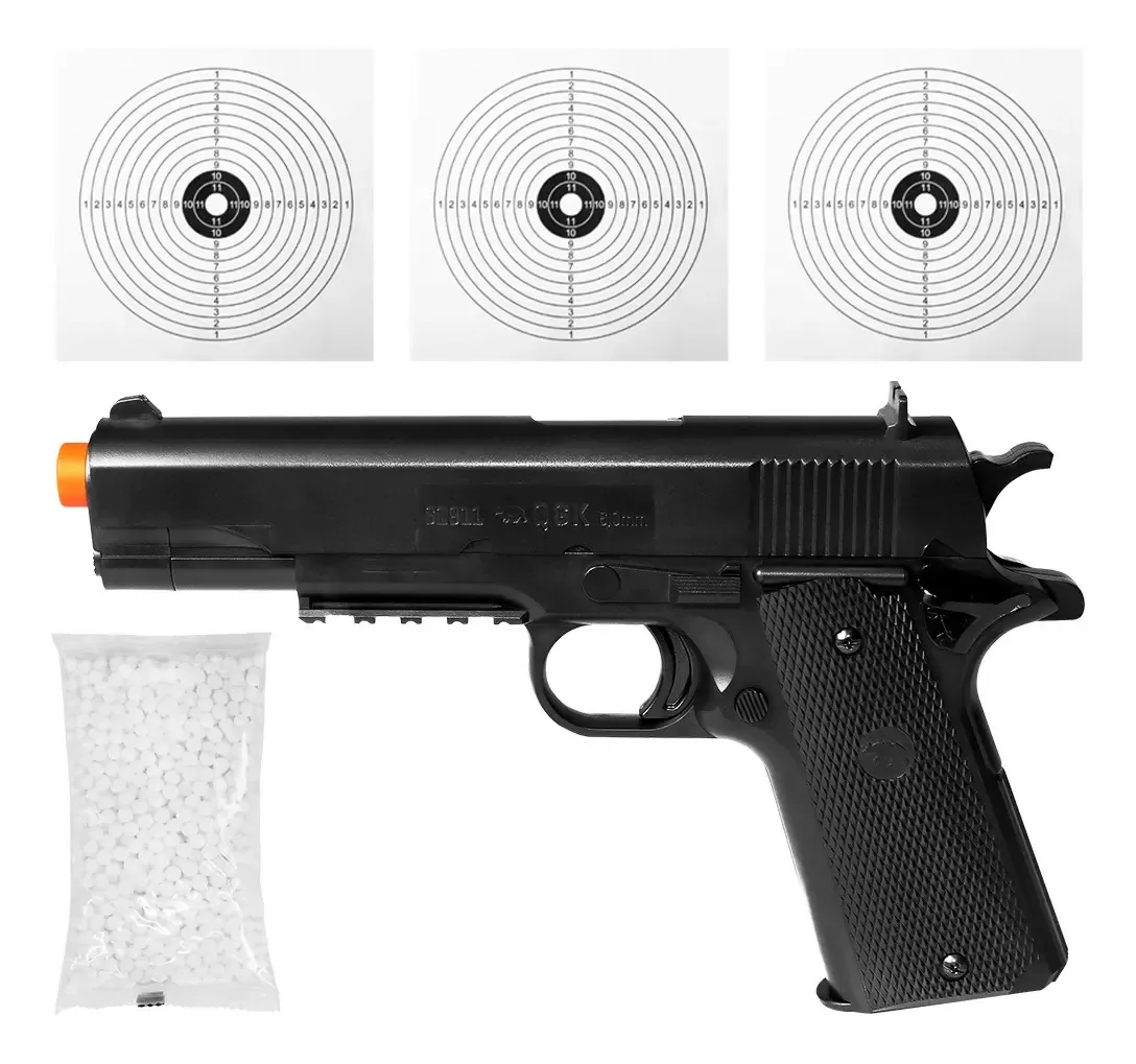 Pistola De Airsoft Spring S1911 6mm - Qgk + Bbs + Alvo Preto 6 Mm