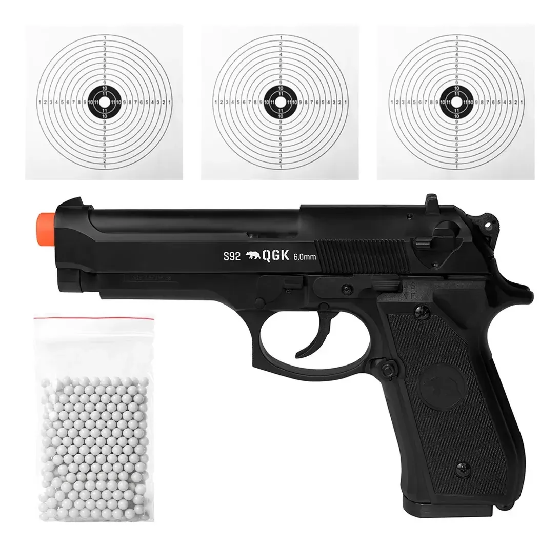 Pistola De Airgun Spring S92 6mm Qgk + Bbs + Alvo Preto 6 Mm