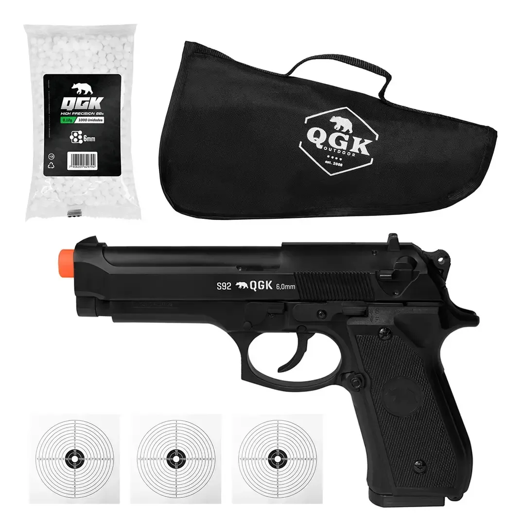 Pistola De Airsoft Spring S92 6mm Qgk + Capa + Bbs + Alvos Preto 6 Mm