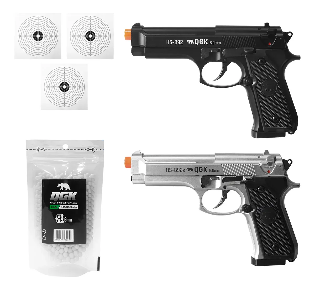 Pistola Airsoft Spring Hs-b92 + B92s 6mm + 1000 Bbs + Alvos Preto 6 Mm