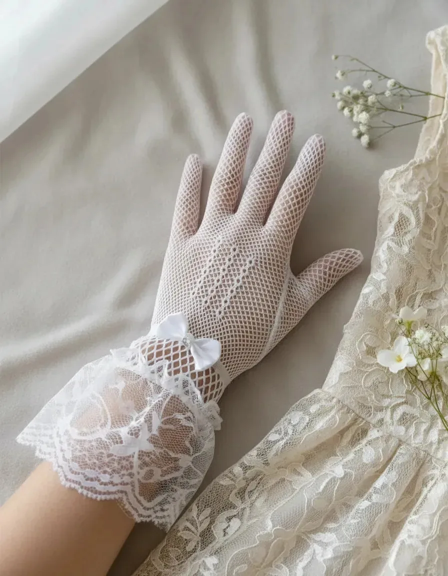 Luva De Renda Arrastão Curta Elegantes Fantasia Cosplay Branco Unico Renda