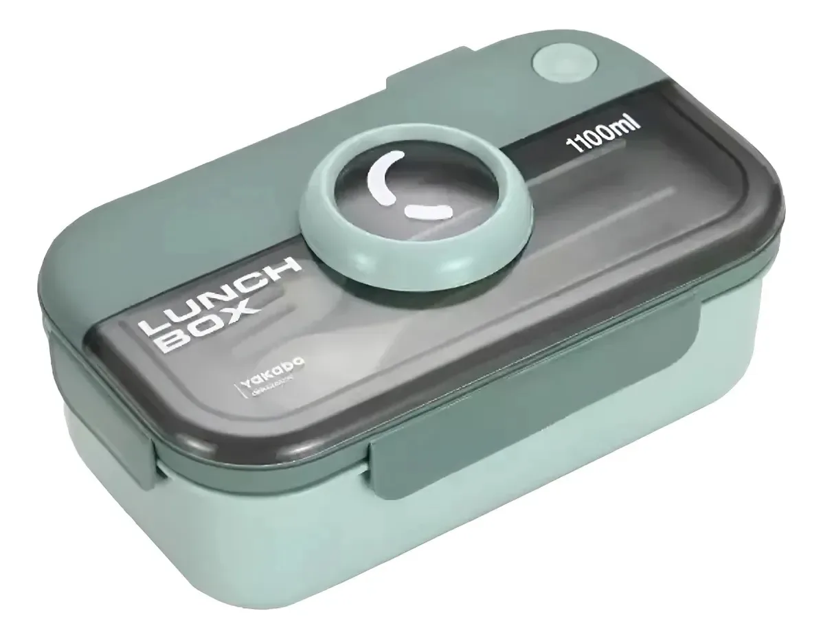 Marmita Plástica Divisória Travas Talheres 1100ml Lunch Box Verde