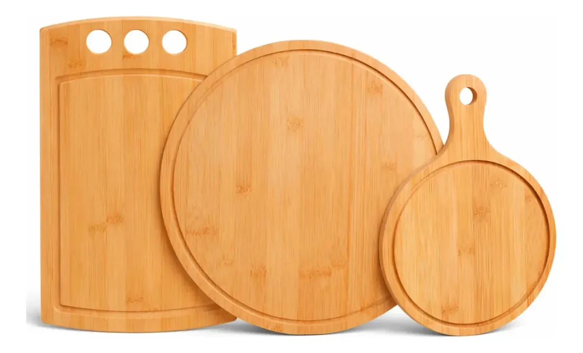 Kit Tábuas De Bambu Para Cozinha Churrasco Pizza - Welf Natural (bambu)
