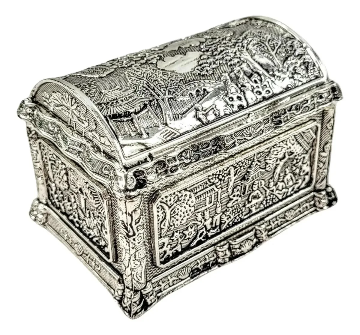 Porta-joias Metal Cromado Desenhos Orientais Prata 8cm