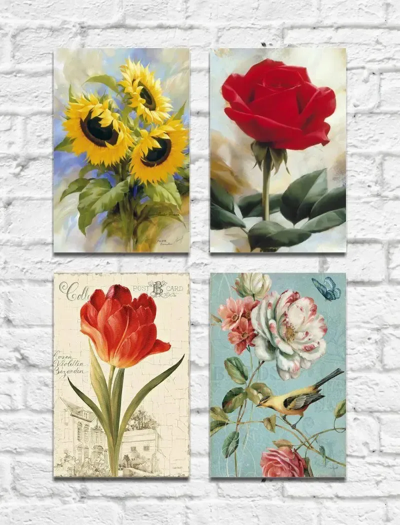 Kit Quadros Decorativos Flores Vintage 4 M3