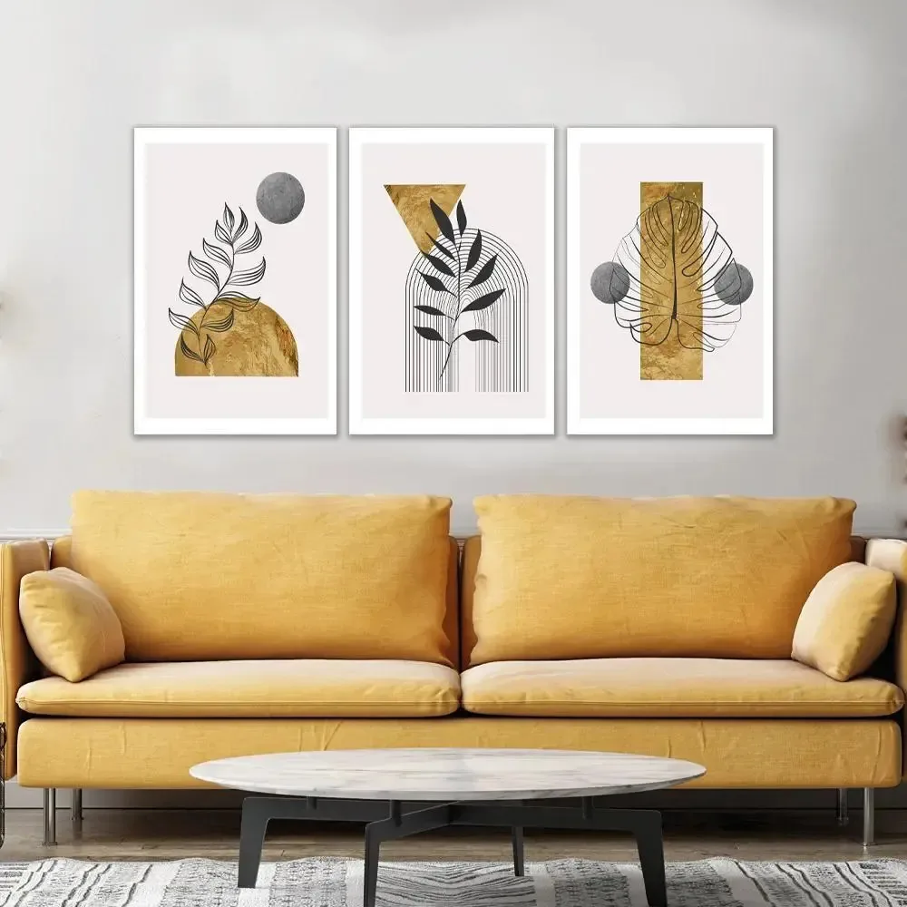Kit Quadros Decorativos Folhagem Detalhes Dourado